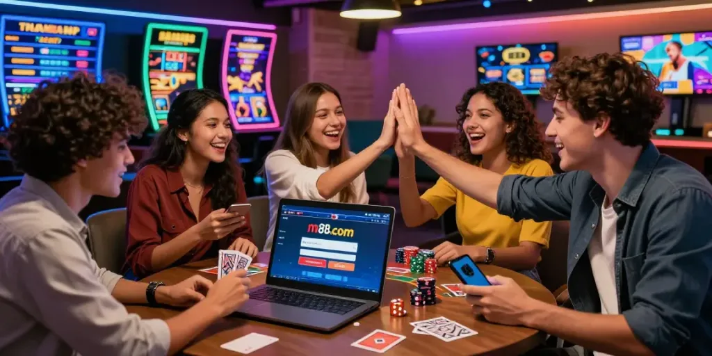 Engaged group enjoying m88.com login alternatif in a lively casino setting with sports betting displays.