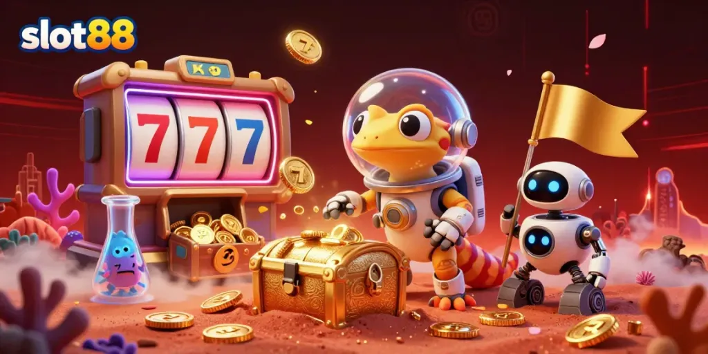 Permainan slot88 yang mengasyikkan di dunia alien dengan gecko Mars dan elemen kasino.
