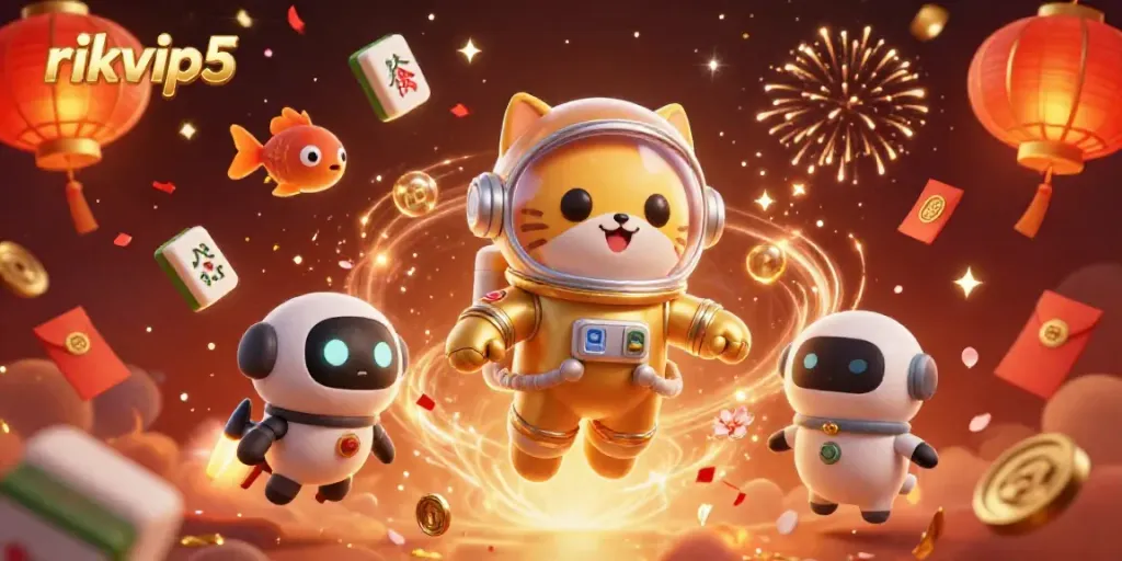 Experience thrilling gameplay with rikvip5's vibrant 3D illustration of space-themed casino elements.