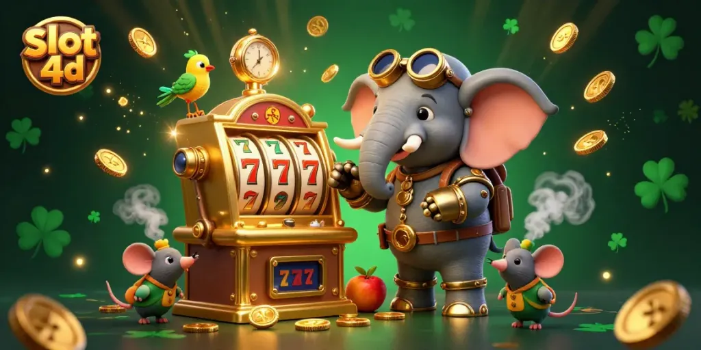 Experience thrilling slot 4d action in a vibrant steampunk casino scene filled with gold coins and slot machine excitement.