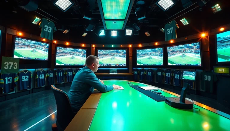 Dynamic sports broadcasting studio featuring live game footage and a proud announcer.