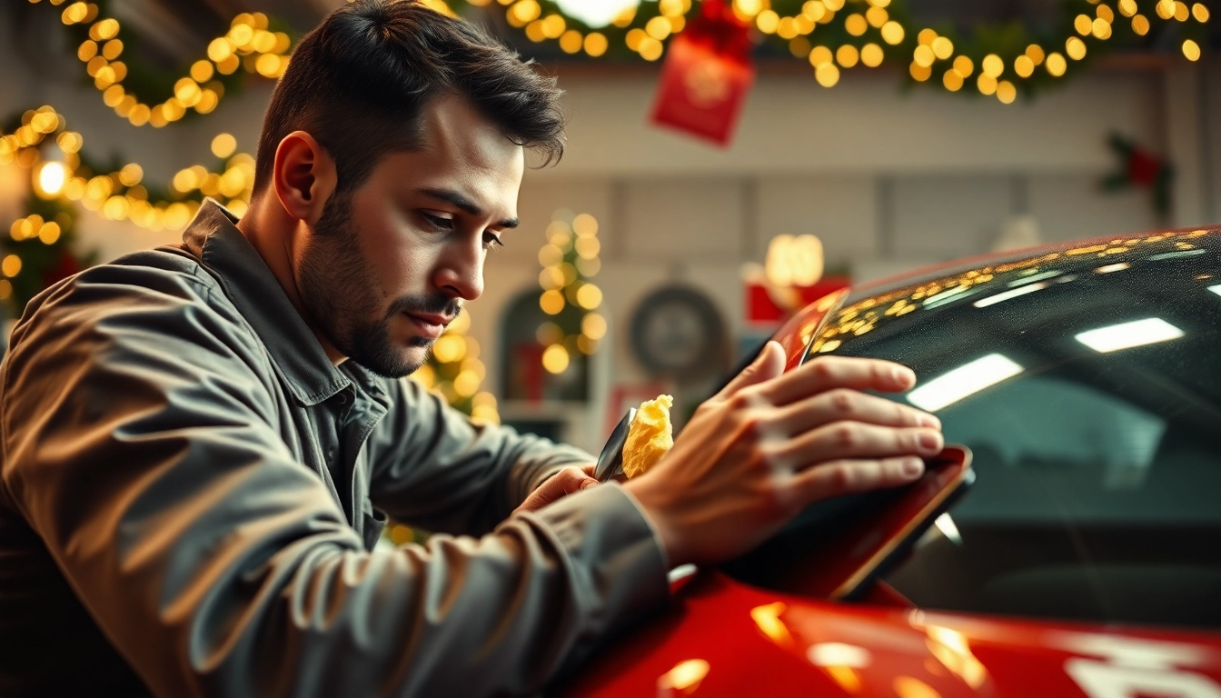 Brightly polished car showcases a Christmas car detailing gift process in a festive garage.