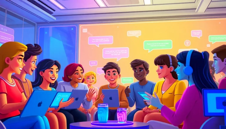 Engaging characters in a futuristic chat room exemplifying crush on ai technology.