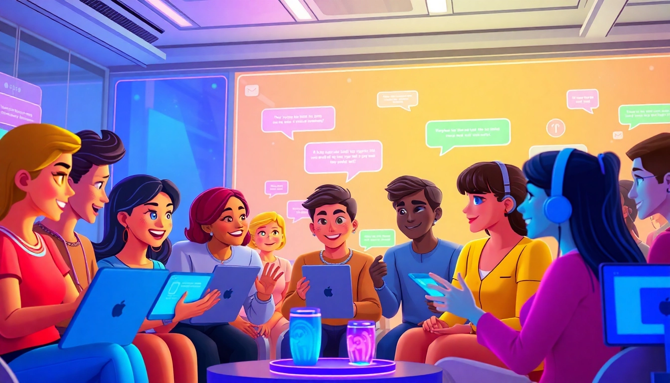 Engaging characters in a futuristic chat room exemplifying crush on ai technology.