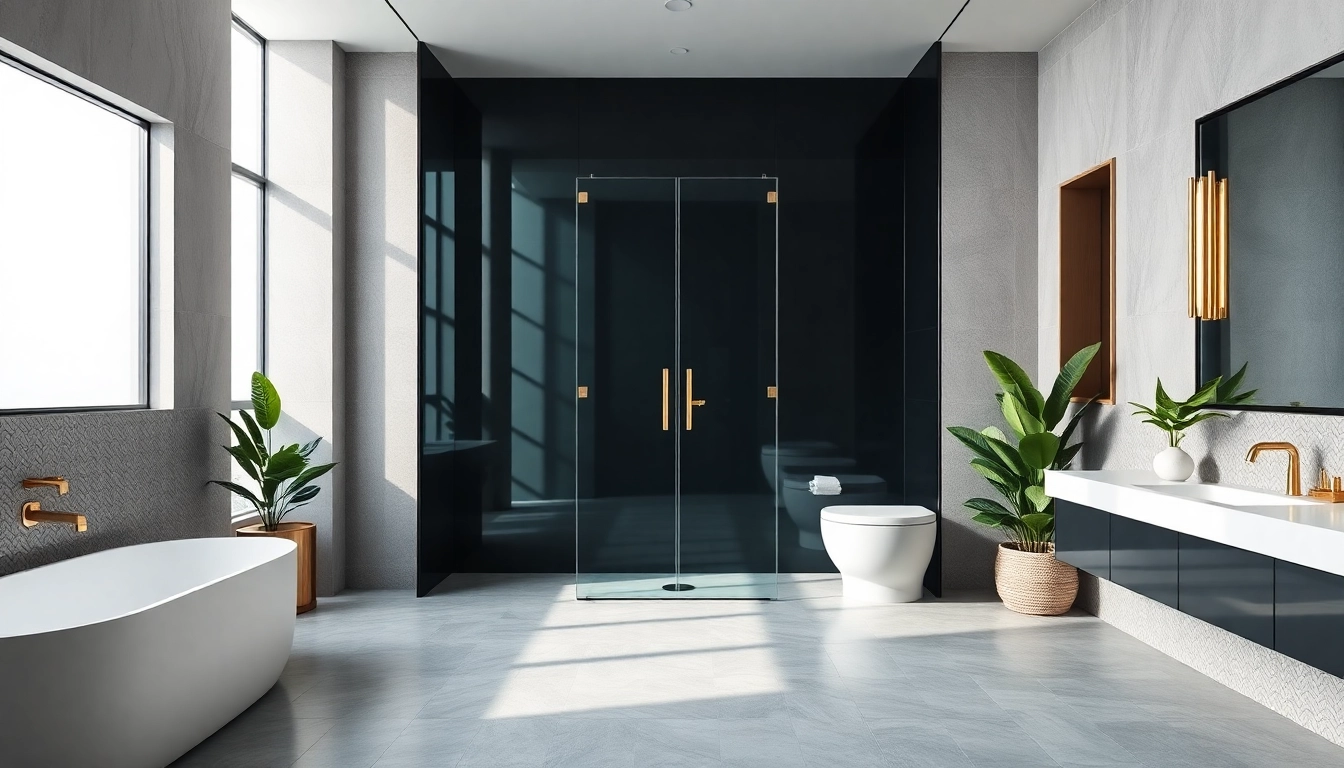 Enhance your space with a stylish black shower door in a modern bathroom design.