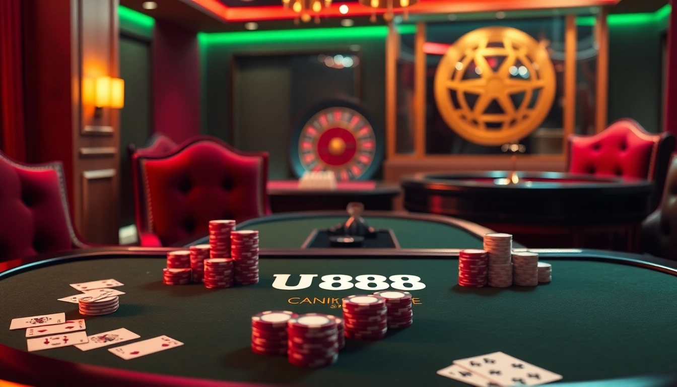 Experience the thrill of playing U 888 at an elegant blackjack table with vibrant casino elements.