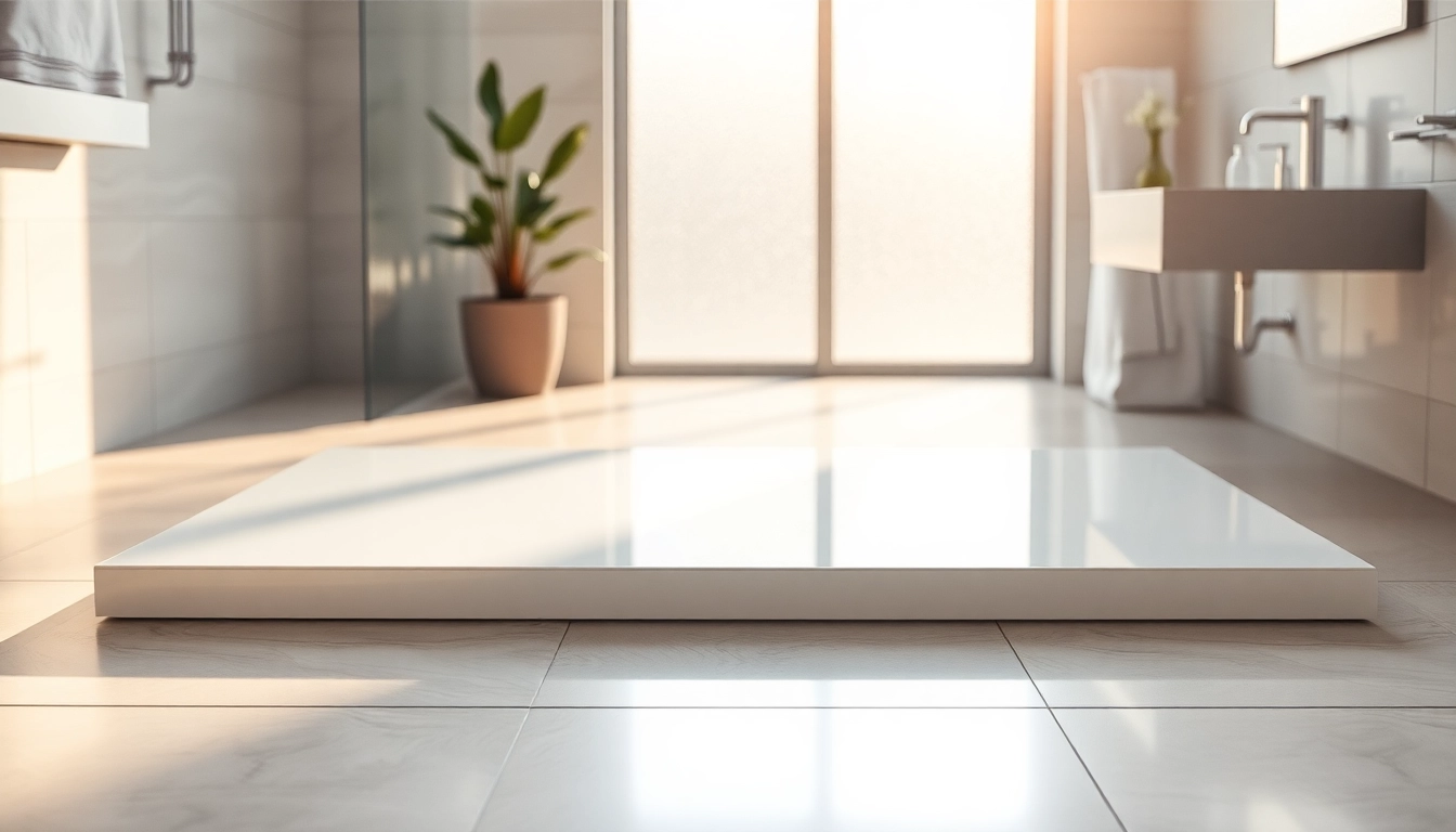 Elegant 800 x 800 shower base reflecting light in a modern bathroom setting showcasing its design.