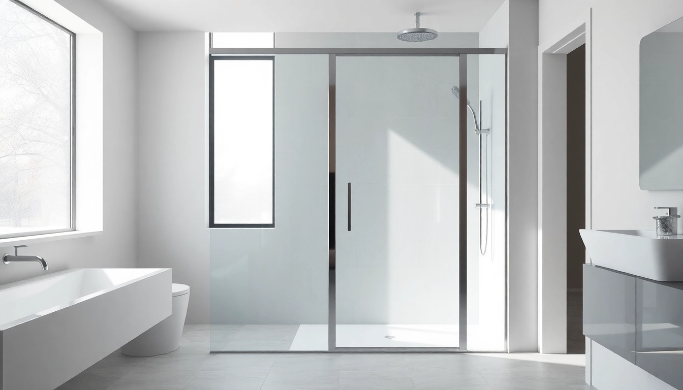 Experience modern space with sleek shower doors sliding, featuring a minimalist design enhancing bathroom style.