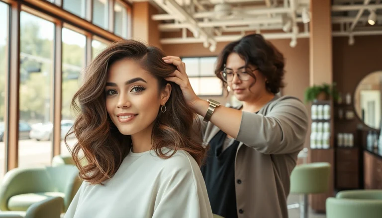 Perm san diego: Stylist applying a perm treatment in a vibrant, modern salon setting.