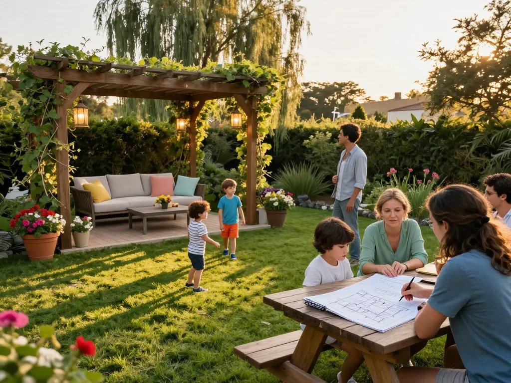 Online pergola configurator visualizing family designing a beautiful outdoor pergola in a garden setting.