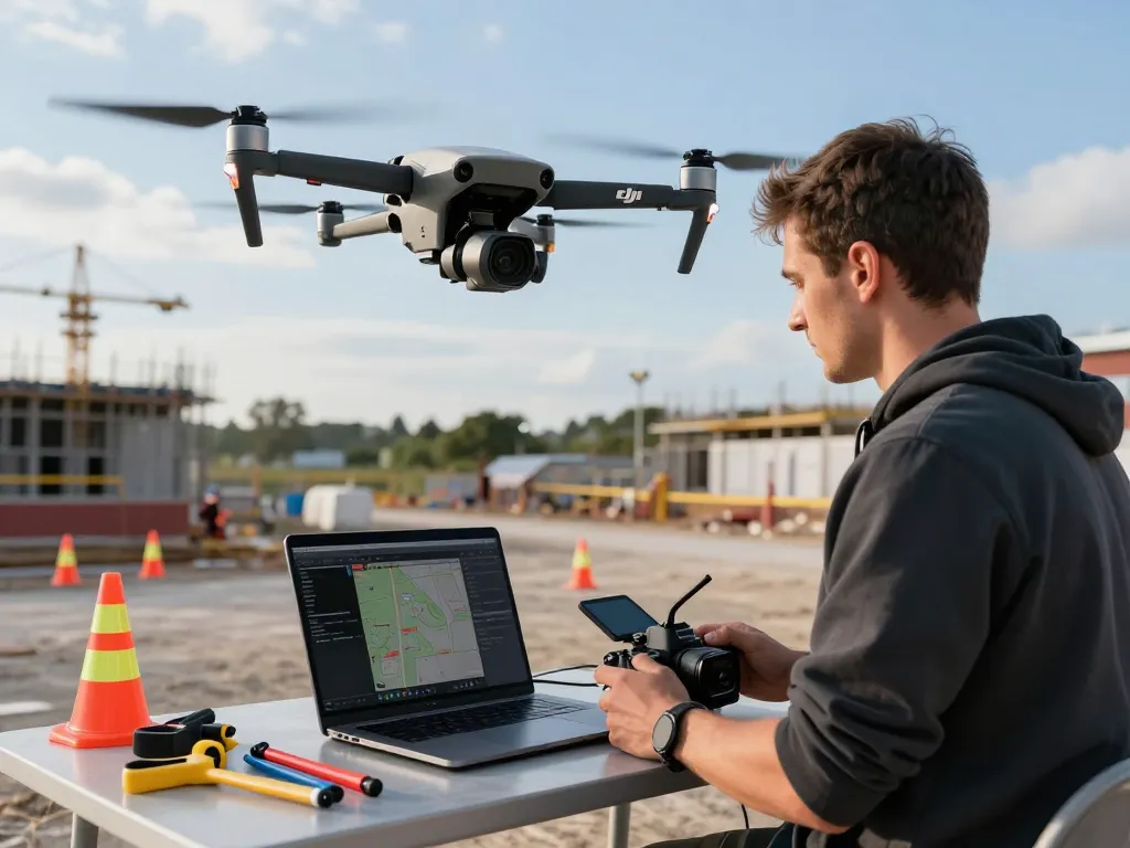 Drone mapping operator performing mappatura con drone at construction site with advanced equipment and software.