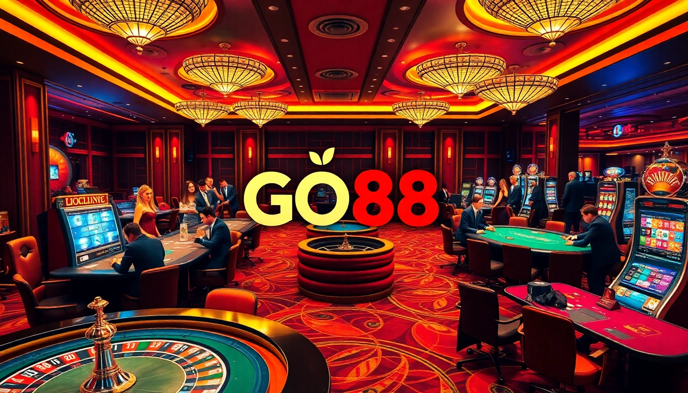 Players enjoying luxury casino games at GO88, featuring poker tables and slot machines.