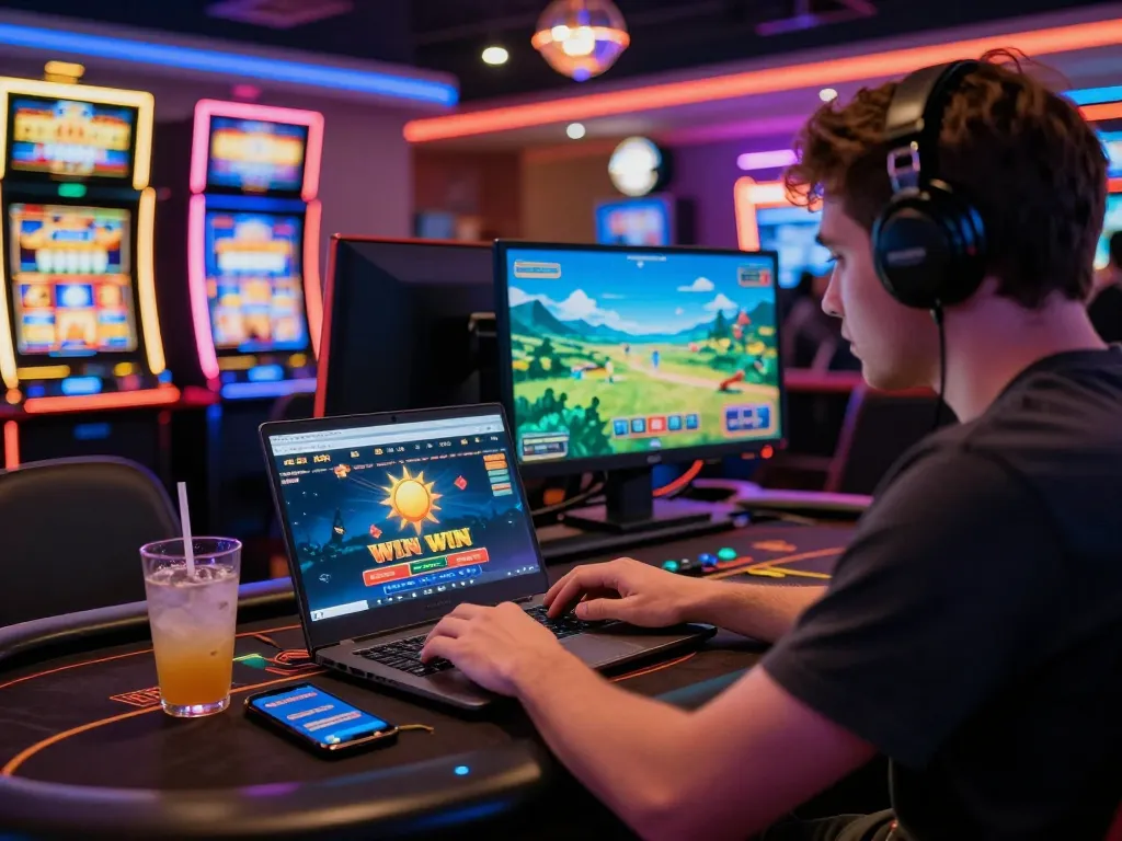 A vibrant online gaming scene featuring the sun win platform with a focused player, colorful graphics, and an engaging atmosphere.