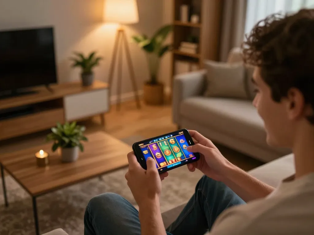Player enjoying online slots on dn88 com in cozy home environment, showcasing dynamic gameplay.