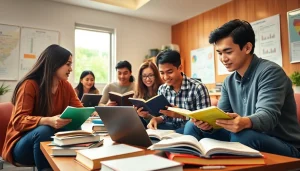 Students receiving TOEFL expert help in a vibrant study environment focused on exam success.