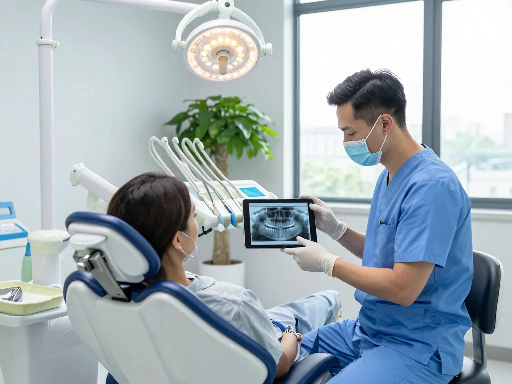 Dental equipment used by a dentist examining x-rays on a tablet in a modern clinic.