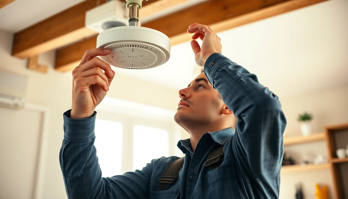 Technician installing a smoke detector battery in a well-lit living space.