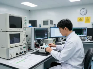EMC compliance testing in a modern laboratory, featuring an engineer setting up devices for electromagnetic compatibility evaluation.