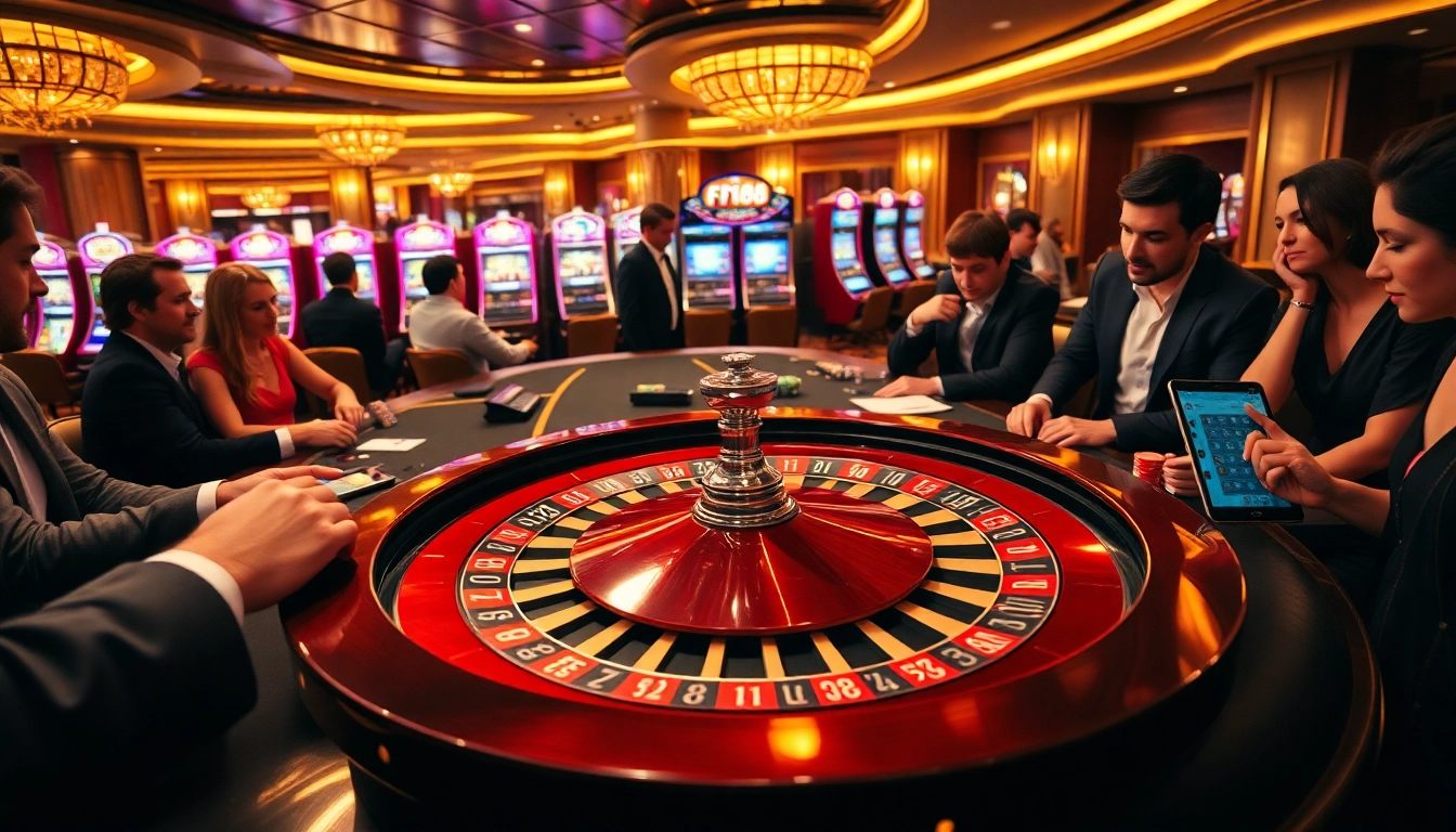 F168 strong players focus on poker strategy at an elegant casino table with vibrant chips.