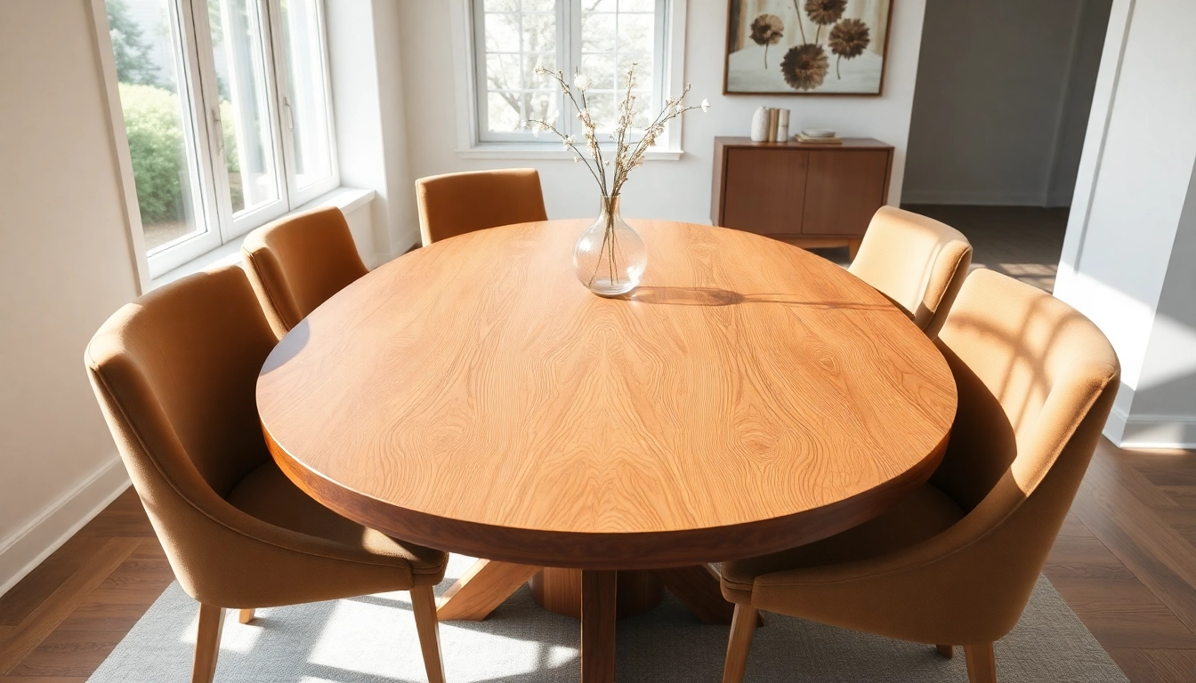 Round dining table made of solid hardwood in a modern dining room setting.