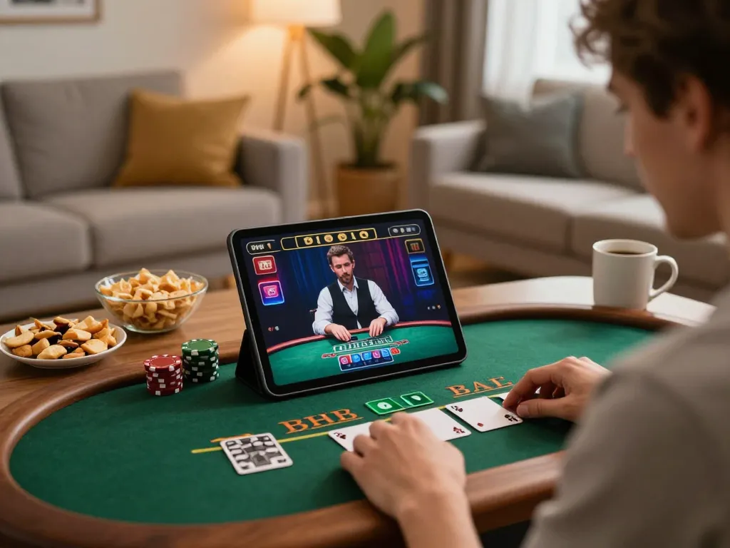 Player engaging with FC88 live dealer blackjack on tablet in a cozy living room setting.