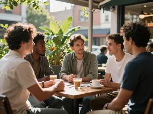 Men at café engaging in supportive conversation, highlighting community and mental health at ManClub.