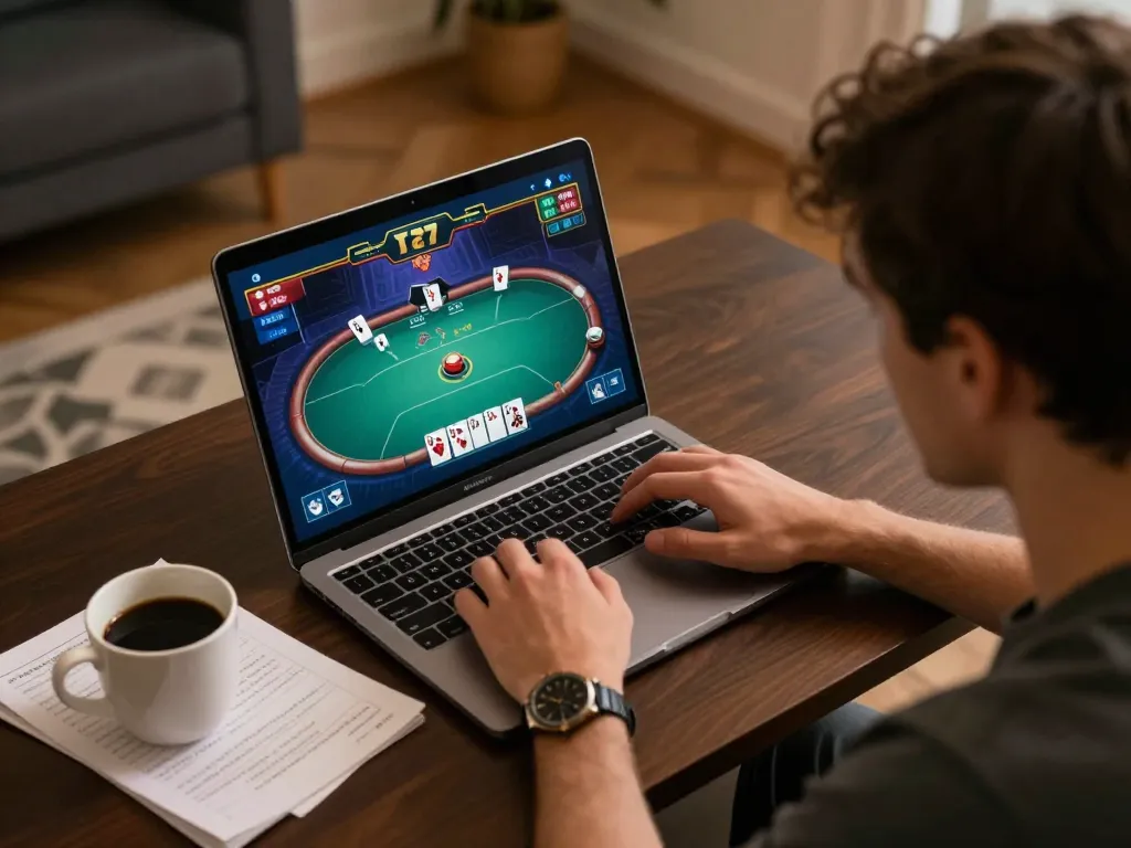 Engaged player in a man club setting strategizing poker moves during an online gaming session