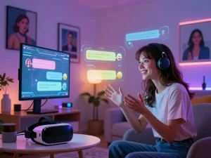 Engaging chat experience with an AI girlfriend in a modern digital living room, showcasing the future of companionship with ai gf.