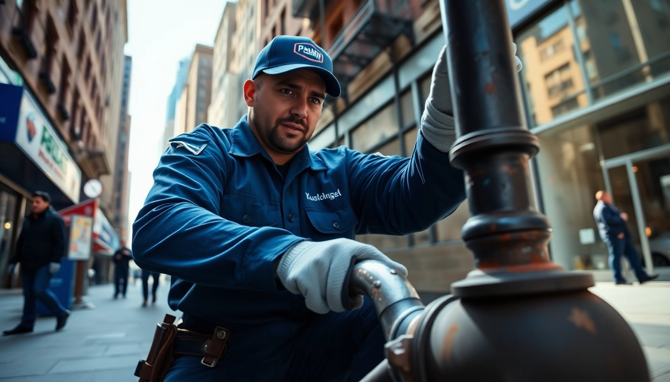 Emergency plumber in Manhattan repairing a burst pipe on a busy NYC street.