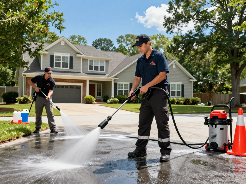 Atlanta pressure washing company technician cleaning a driveway with powerful equipment.
