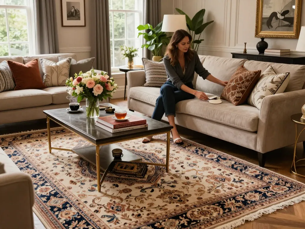Elegant living room with luxury carpets London, showcasing rich textures and a warm atmosphere.