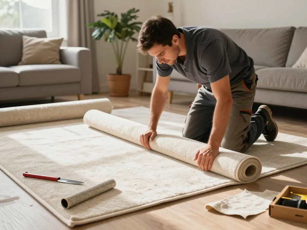 Professional carpet fitters near me installing high-quality carpet in a cozy living room