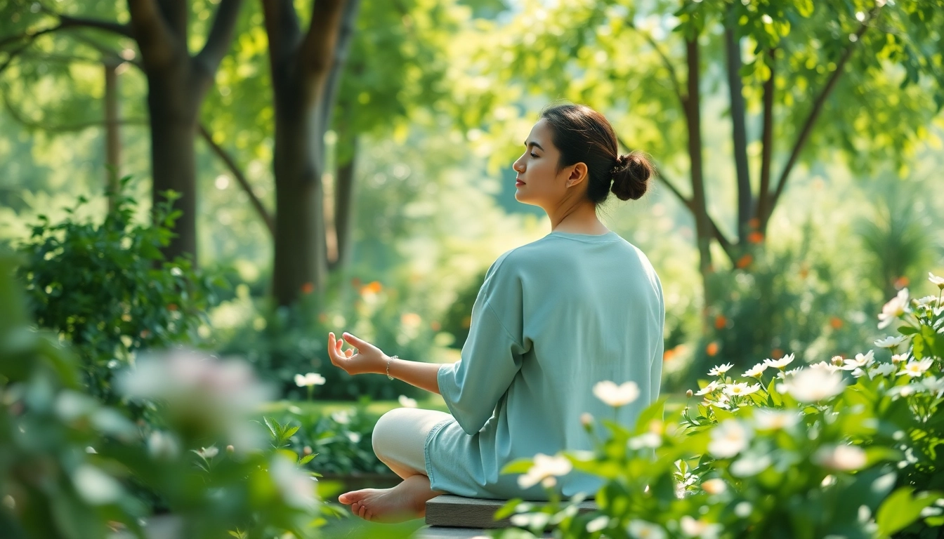 Mindfulness practice in a tranquil garden promoting mental wellness.