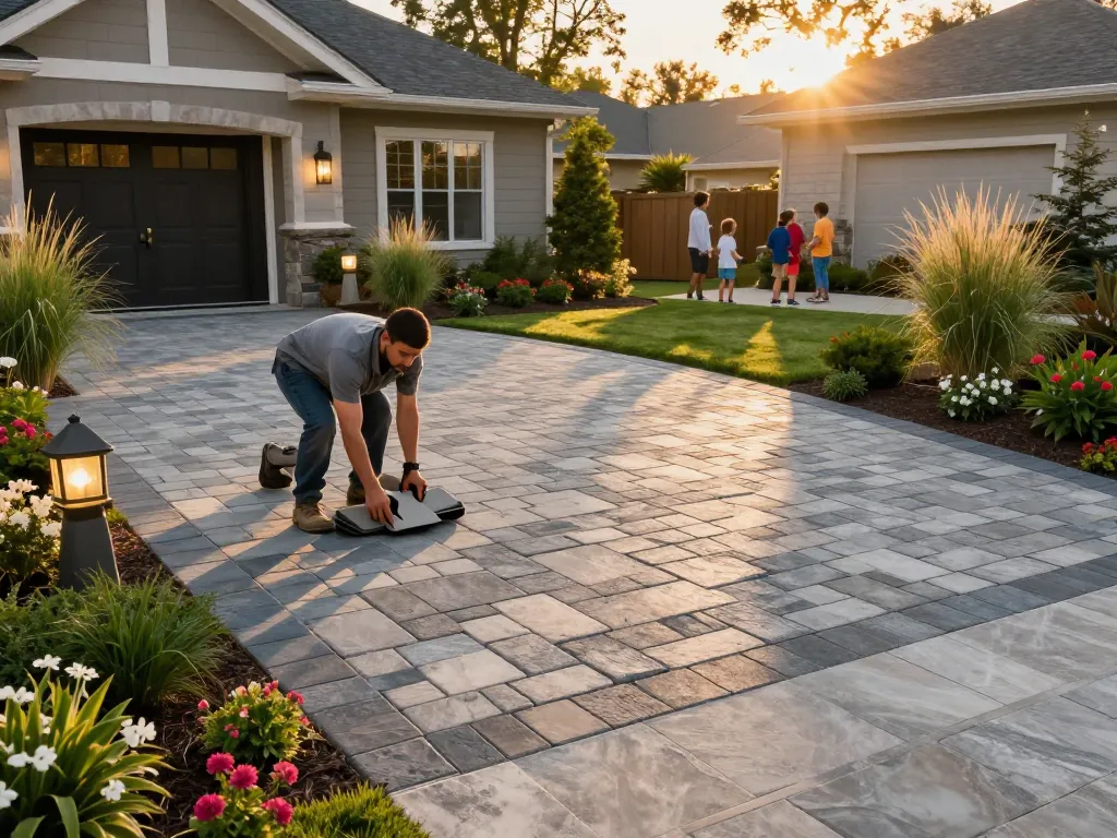 Paver driveway near me installation with family enjoying a beautiful outdoor space during golden hour.