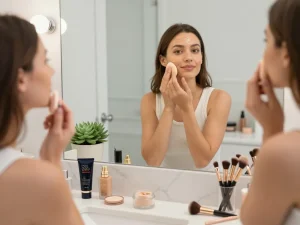 Applying best foundation for oily skin in a bright bathroom setting with beauty products