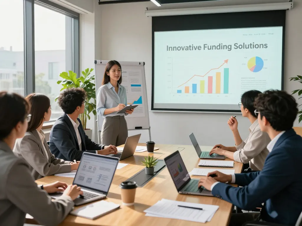 Business meeting discussing 100% project funding strategies with collaboration and growth visuals.