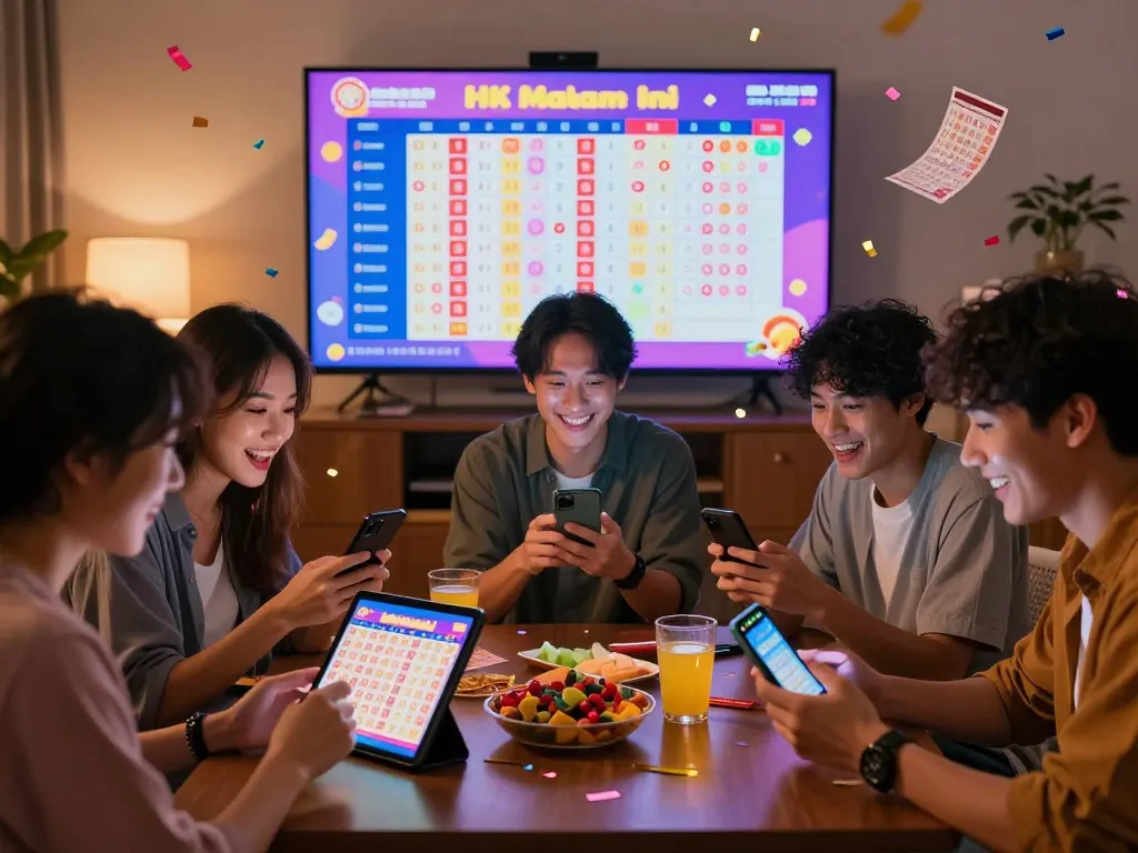Kelompok yang bersemangat memeriksa hasil undian HK Malam Ini di ruang tamu yang nyaman.
