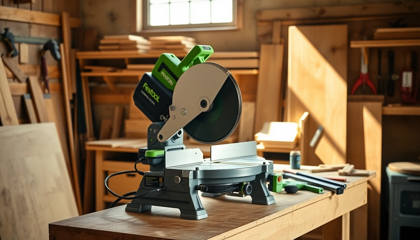 Cutting precision wood angles with a Festool compound miter saw, showcasing its professional design and features.