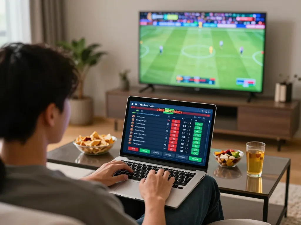 Pemain yang terlibat merencanakan taruhan bola sambil menonton olahraga secara langsung di rumah