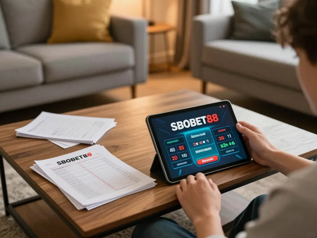 Suasana taruhan mobile SBOBET88 yang menunjukkan pengaturan rumah yang nyaman dengan tablet dan catatan strategi.