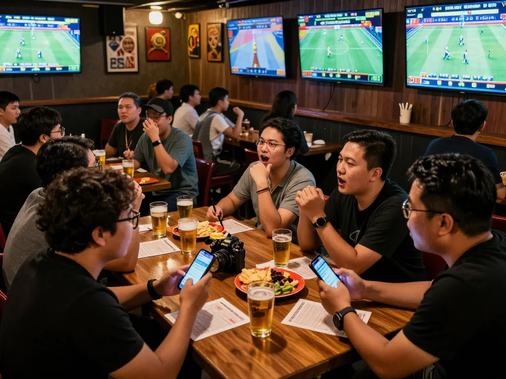 Pelanggan yang bersemangat terlibat dalam pengalaman taruhan Judi Bola Terpercaya di sebuah bar olahraga.