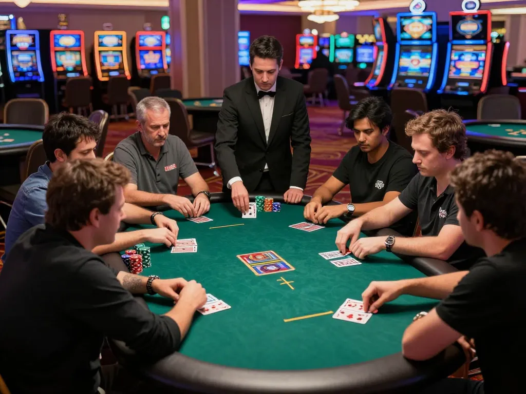 Players engaged in a high-stakes poker game at a Las Vegas casino, showcasing strategic dynamics with sunwingo atmosphere.