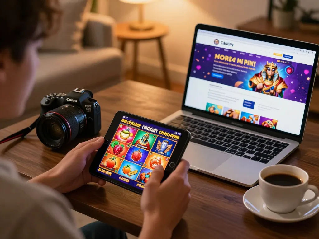 Enjoying betflik online slot games on a mobile device in a cozy, inviting environment with warm lighting and a vibrant atmosphere.