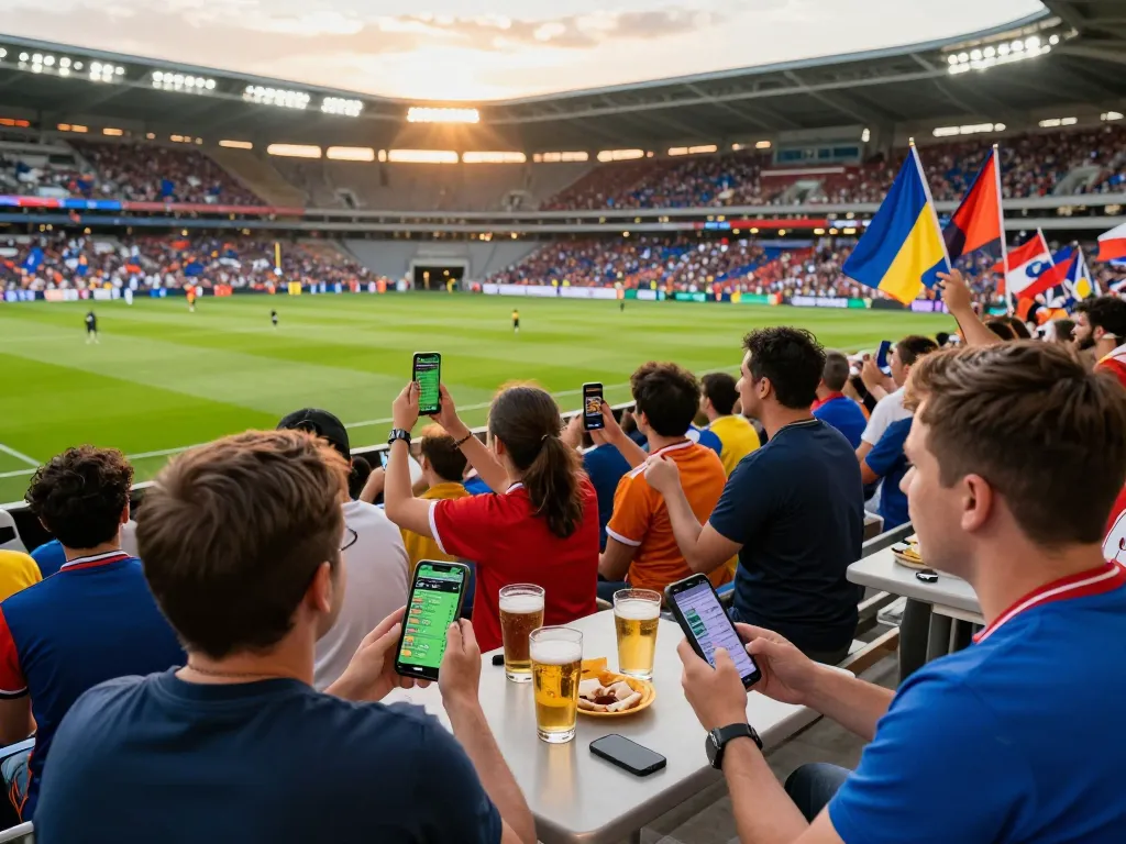 Engaged fans at a football stadium betting on Judi Bola during an exciting match.