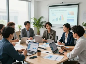 Collaborative staffing agencies meeting showcasing professionals brainstorming recruitment metrics.