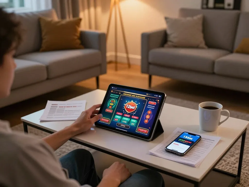 Tham gia cùng Link 12bet trên một chiếc máy tính bảng trong một không gian ấm cúng, minh họa chiến lược cá cược trực tuyến.