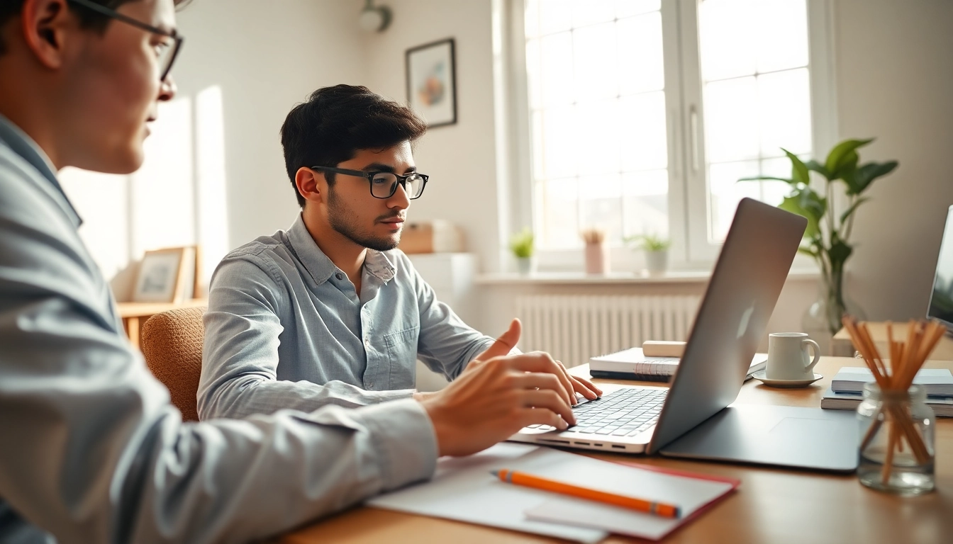 Engaging remote exam assistance with a tutor helping a student in a cozy home office.