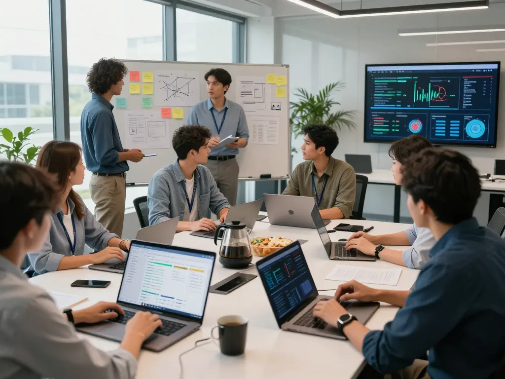 Team collaborating on AI automation strategies in a modern office.