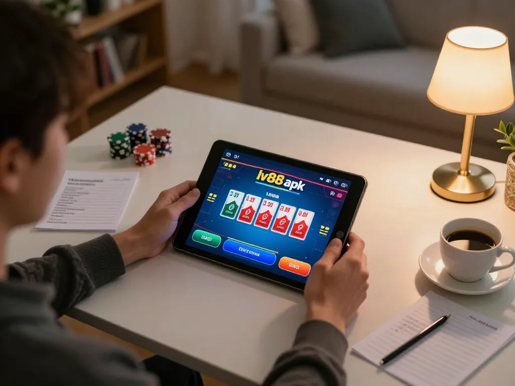 Play poker online with the lv88 apk while enjoying a cozy home setting with betting strategy notes.