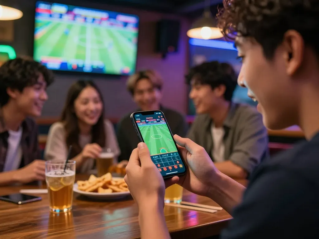 Pemain taruhan yang terlibat menggunakan smartphone untuk memasang taruhan Judi Bola di atmosfer bar olahraga yang hidup.